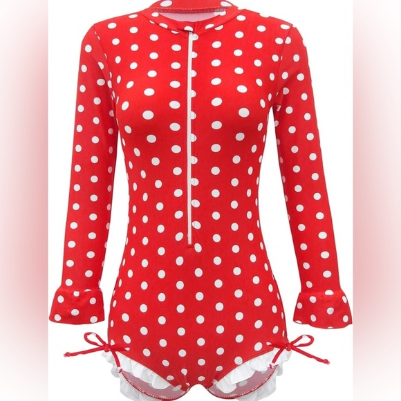 Girls Red Polka Dot Long Sleeve One Piece Swim Suit Size 10 - Picture 2 of 10